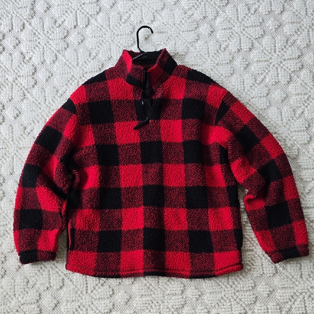 Old Navy Red and Black Checkered Men's Zip Up Sweater Buffalo Plaid